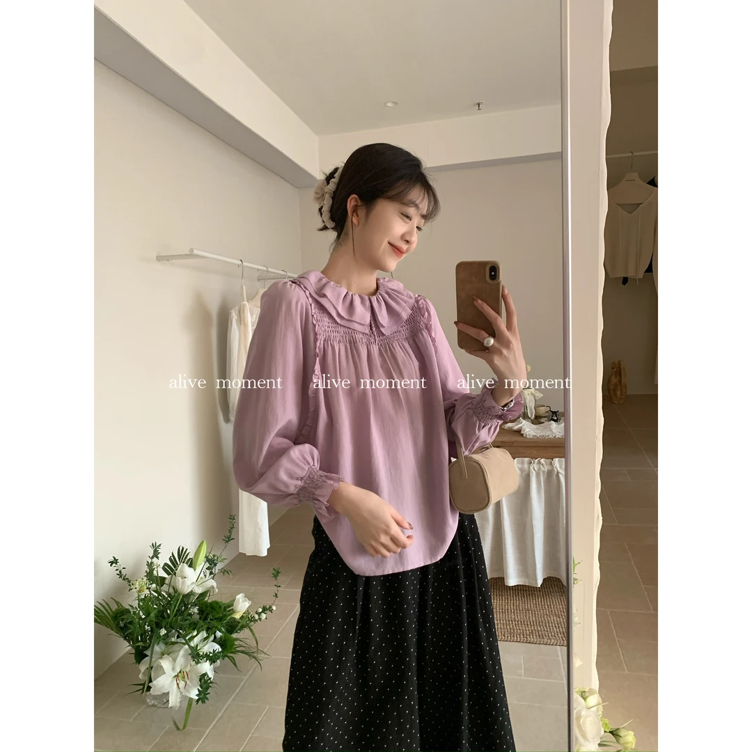 J-50780#韩系气质荷叶领弹力压褶百搭长袖小衫