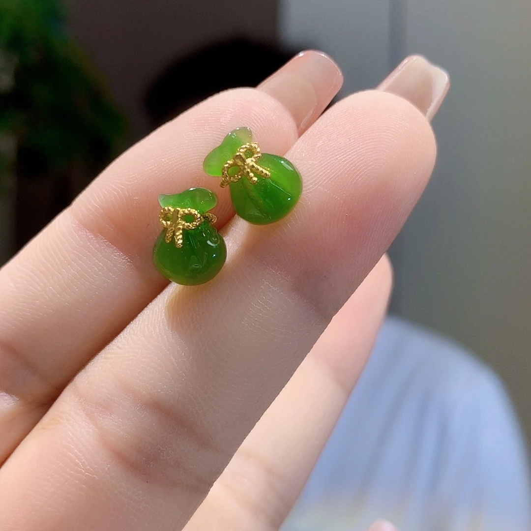和田玉（碧玉）银S925镀金镶嵌耳饰