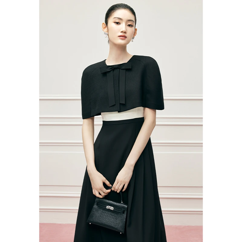 【MandyZhang】法式小香风醋酸斗篷外套女秋季黑色开衫气质套装裙