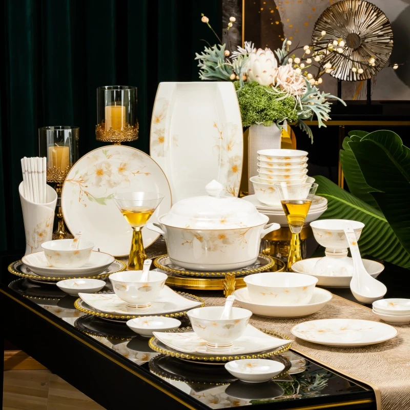 一代佳人126件景德镇高温高档轻奢骨瓷乔迁送礼碗盘碟餐具套装