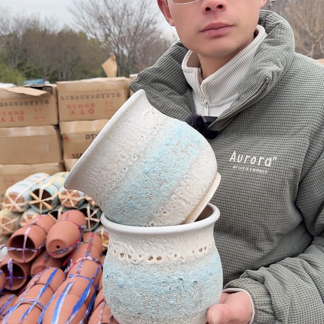 紫砂花盆口16高16（两个石榴蓝色泡泡瑕疵