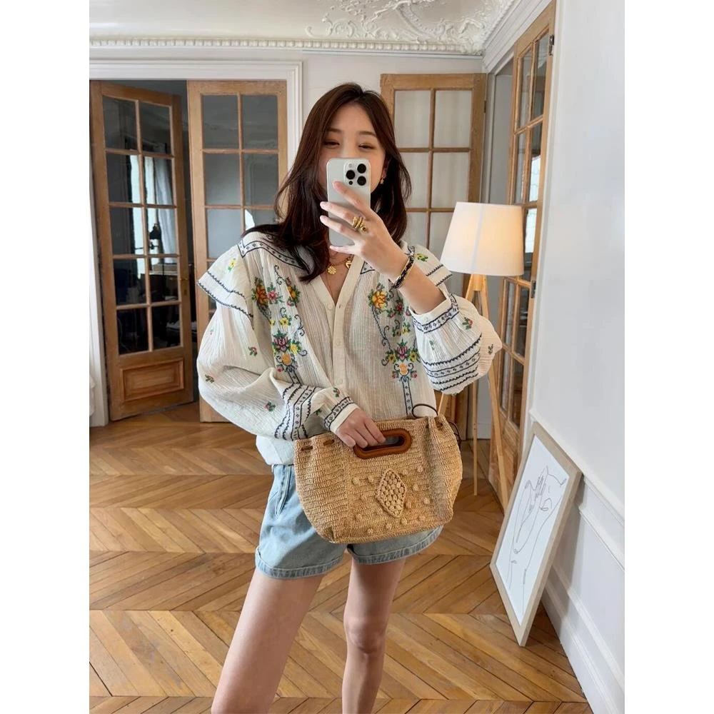 超好看独特漂亮白色印花亚麻衬衫设计感上衣小衫女装夏季2025新款
