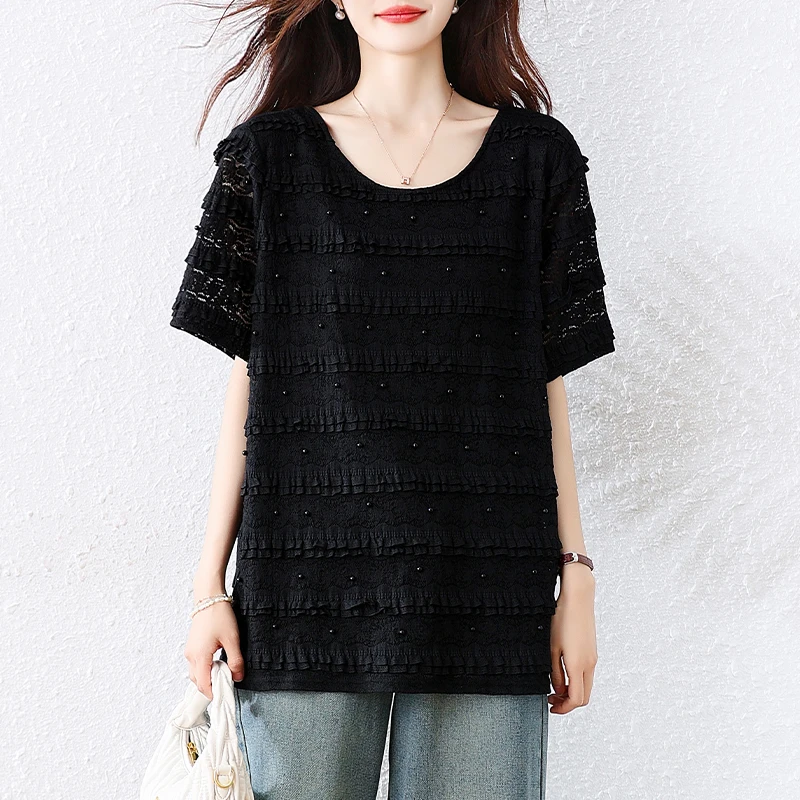 钉珠法式上衣2025年夏季新款时尚大码女装蕾丝小衫短袖圆领T恤
