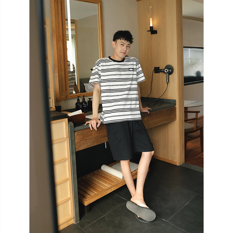 【美家臣】新款男士睡衣夏季新疆棉薄款短袖短裤条纹家居服套装