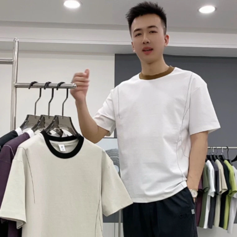 男士夏季线条时尚款休闲短袖情侣62053白色上衣半袖潮流纯色圆领