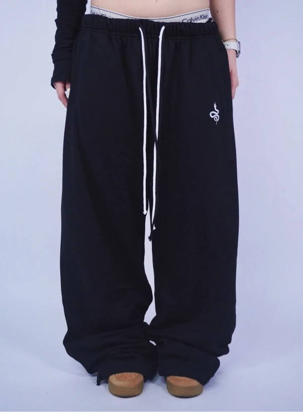 SUANS原创刺绣小蛇印花新款长抽绳宽松阔腿透气休闲毛圈棉运动裤