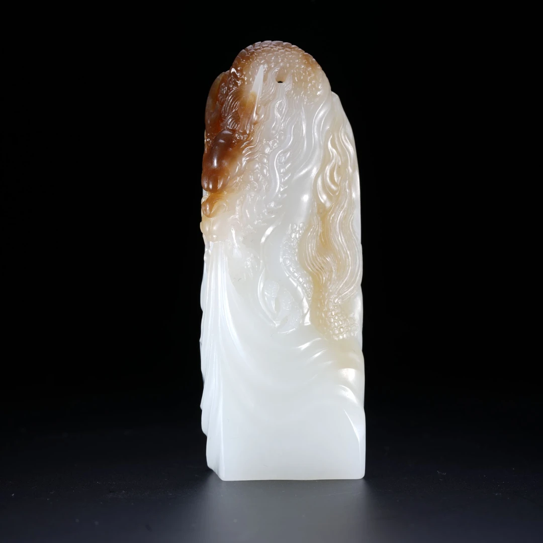 HTY4-23臻藏·和田白玉留皮龙纹玉印【玉石拍卖】