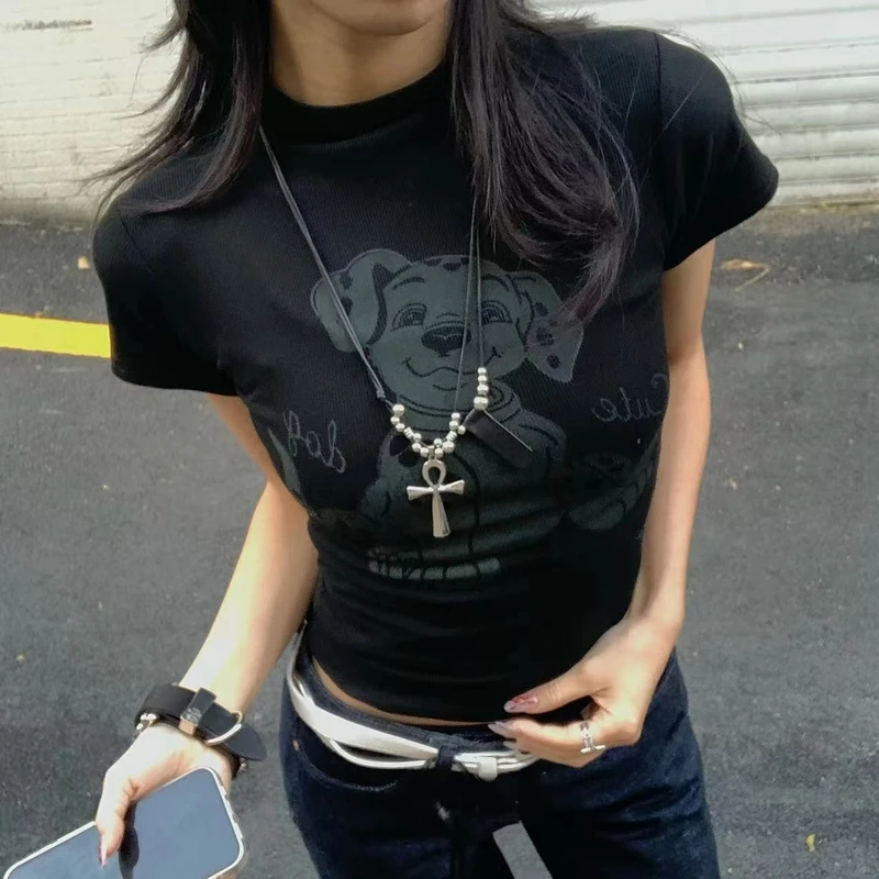 Pp【鬼点子多】美式复古可爱小狗印花辣妹正肩小短款短袖S250108