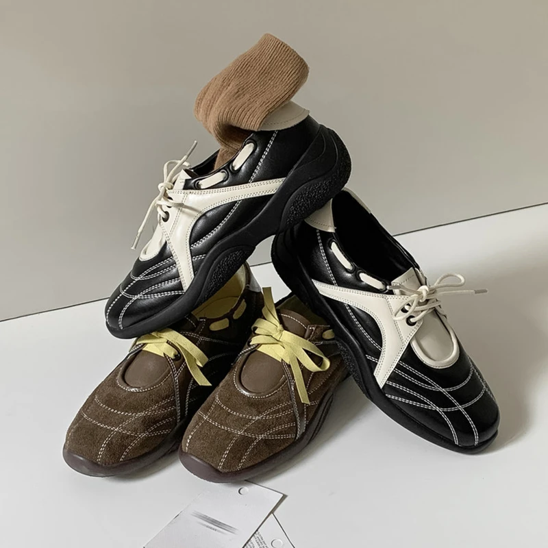 2025春季新款复古厚底系带真皮增高拼色德训鞋女松糕底休闲运动鞋