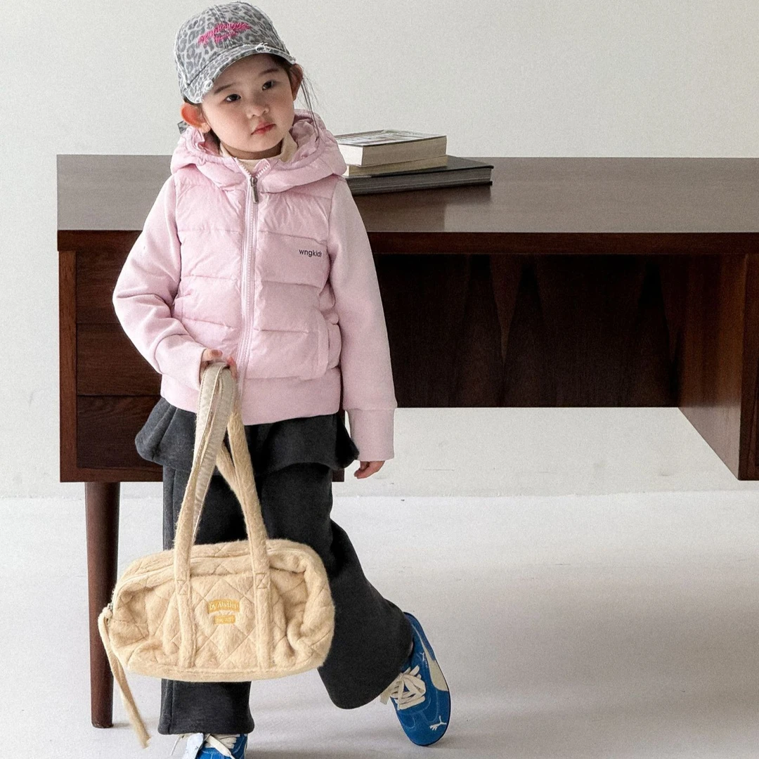 小粉象 ·女童2025冬季新款韩版洋气拼接连帽棉服p帘加绒裤套装