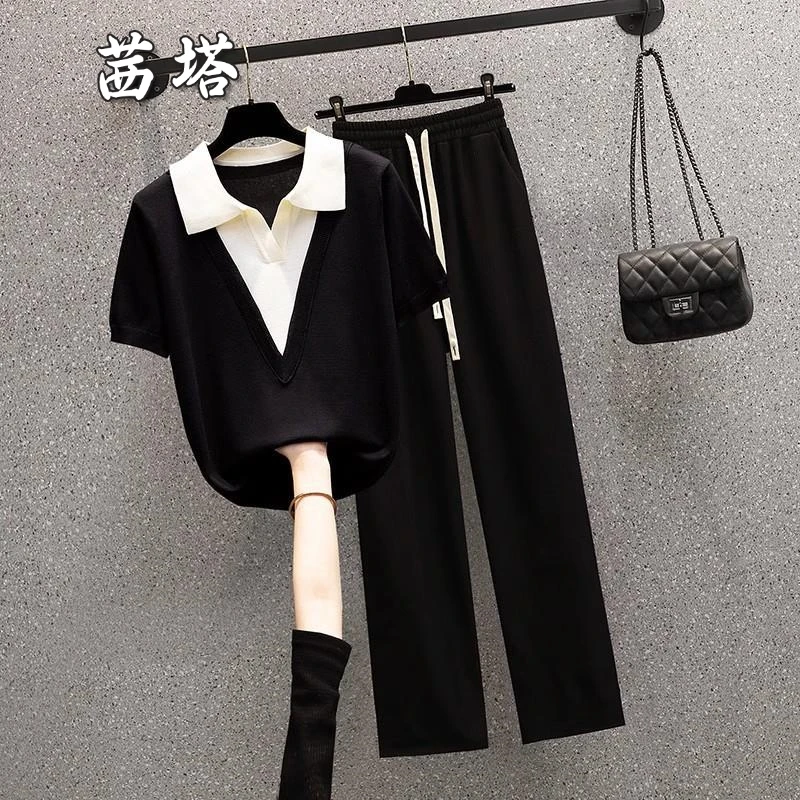 大码夏胖mm遮肚显瘦polo领减龄短袖T恤上衣阔腿裤休闲运动套装女