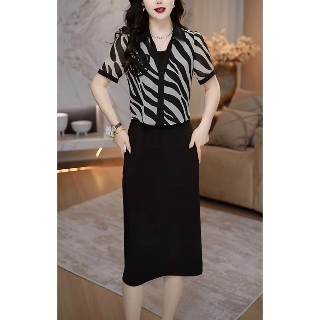 高级琉璃丝时尚洋气百搭碎花假两件礼服裙2025夏季新款显瘦连衣裙