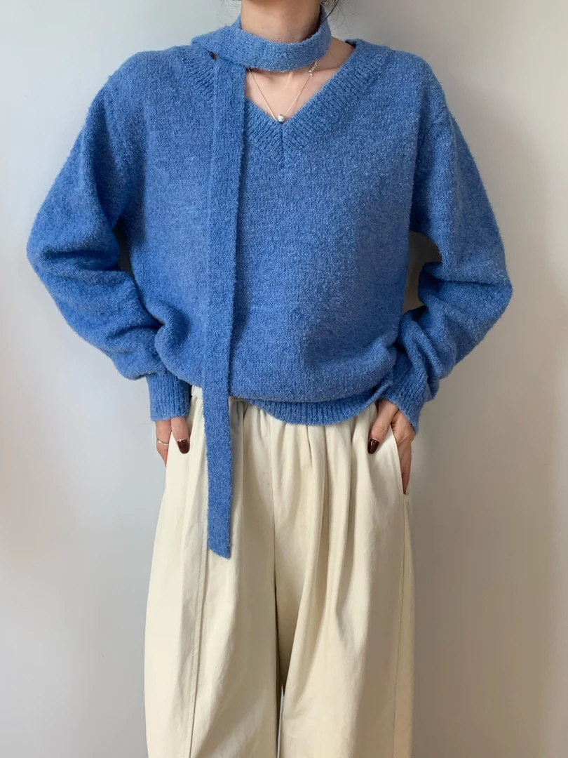 【Niche Young】舒心 韩系设计感v领飘带针织衫毛衣长袖上衣Y6388