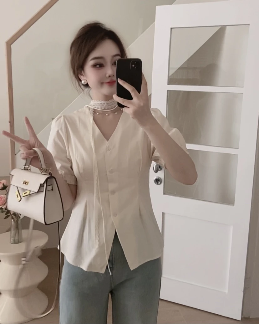 新款法式收腰V领蕾丝飘带衬衫高级感轻奢气质上衣小衫(配飘带）