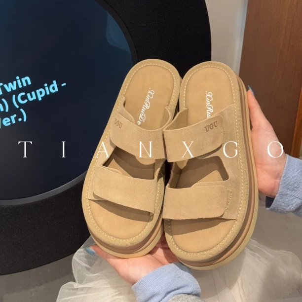 TIANXGO｜25new百搭一字拖鞋磨砂露趾一脚蹬休闲女软底凉拖防滑