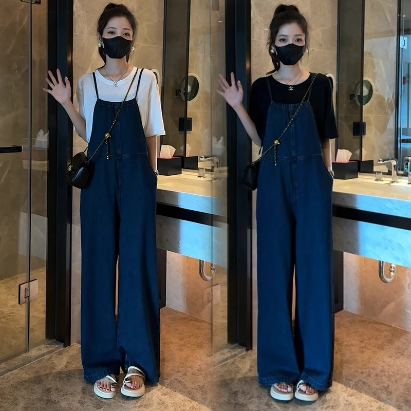 时尚套装女2025夏季新款洋气显瘦短袖T恤+牛仔背带阔腿裤两件套潮