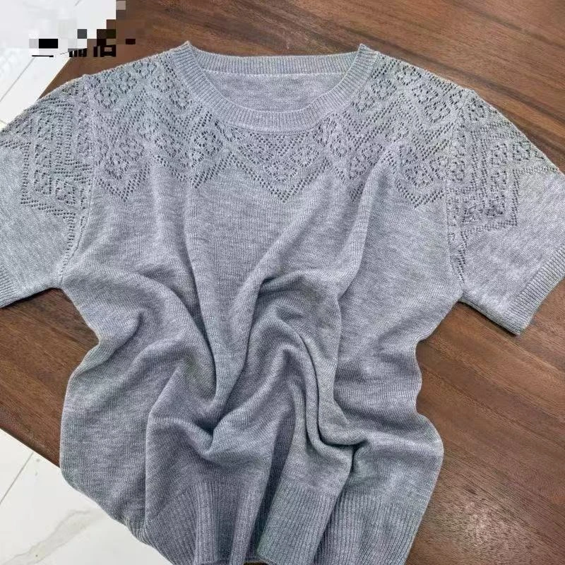 【琥珀灰】夏季圆领镂空钩花套头针织衫