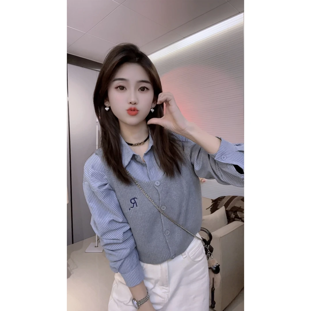 2024秋季刺绣R字母方领无袖开衫马甲背心+条纹衬衫两件套上衣潮