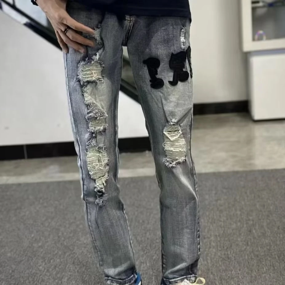 破洞补丁牛仔裤子男痞帅新款潮牌ins高街直筒宽松刺绣字母长裤潮