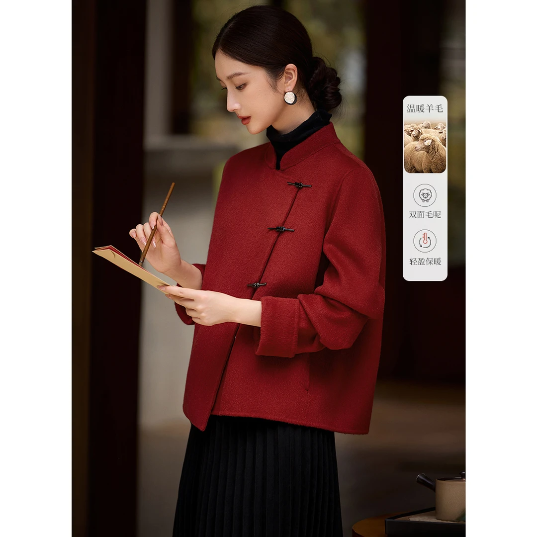 XWI/欣未中式国风短款双面呢外套2024秋冬新款大红色立领外套女款