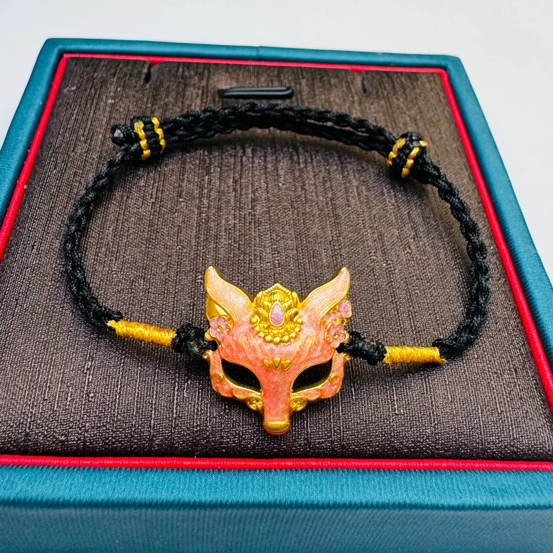 #足金999 黄金珐琅彩狐狸面具黑绳编织