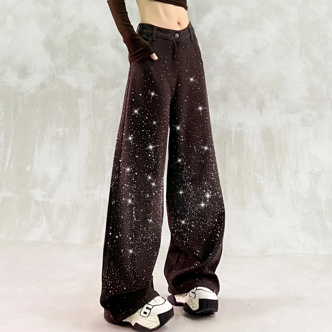 帅气重工烫钻加绒休闲牛仔裤女冬新款高腰宽松显瘦百搭直筒阔腿裤