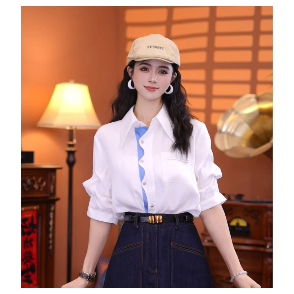 牧子【海岸微风】港味复古时尚气质短袖上衣01847