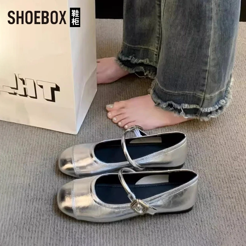 SHOEBOX鞋柜法式配裙子银色玛丽珍鞋女2025夏新款平底小皮鞋女鞋