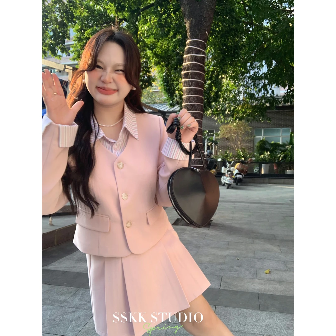 KMZY/KMZY山_山【富家甜妹】微胖mm韩版甜美拼接领外套+短半裙套装