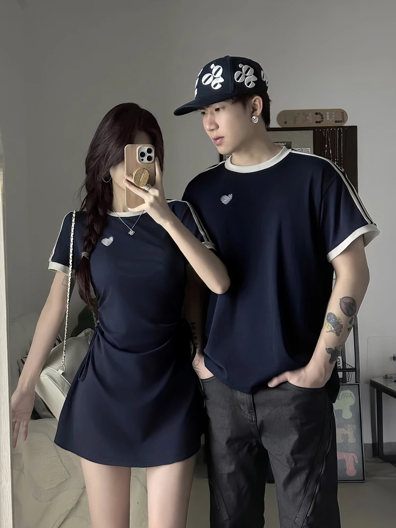 情侣装夏季小众辣妹风爱心刺绣收腰抽绳女连衣裙男短袖T一裙一衣