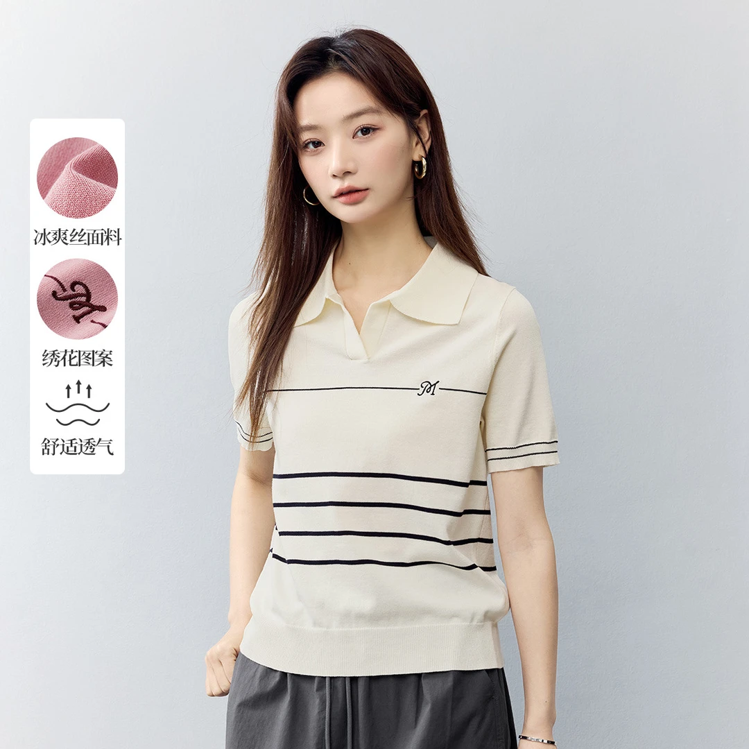 【欧若风新品】茵曼夏季冰爽丝透气POLO领针织衫女舒适休闲条纹上衣
