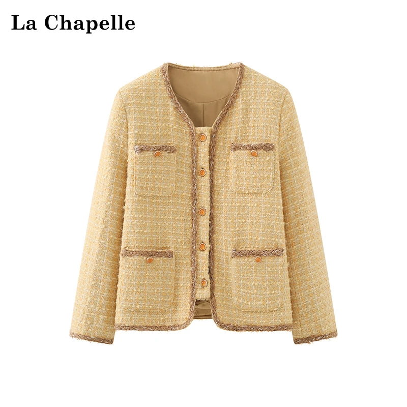 拉夏贝尔温柔高级感轻奢小众法式V领气质小香风外套女粗花呢上衣