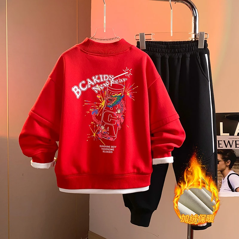 BCA中大童红色拜年服冬季加绒加厚假两件卫衣DF-套装2882喜庆