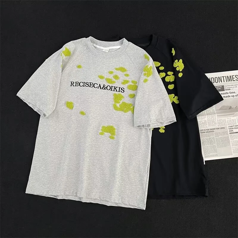 废柴夏季美式小众情侣毛巾绣男女短袖oversize宽松T恤