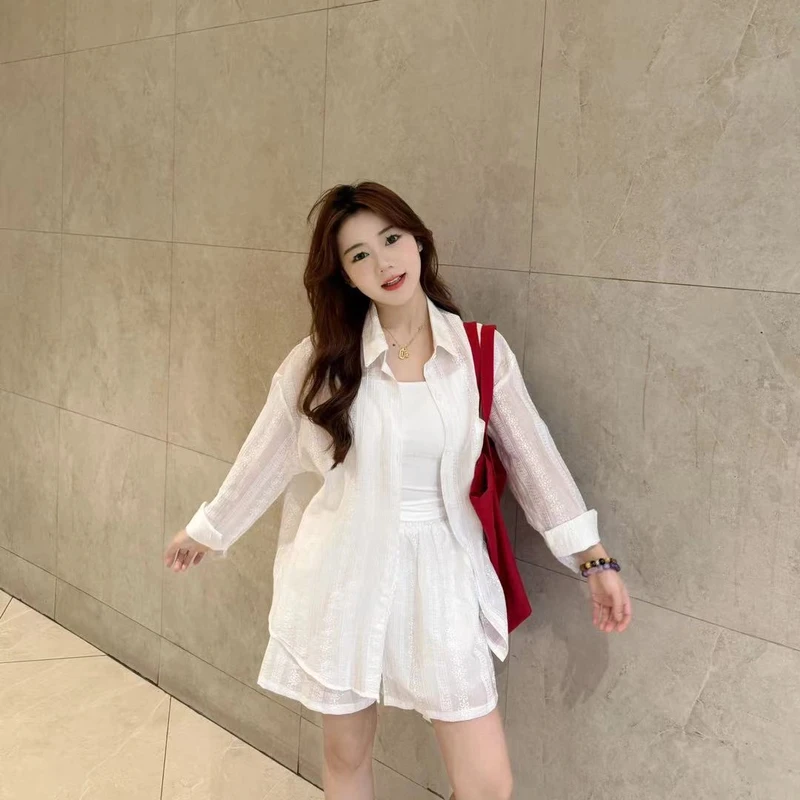 小个子洋气轻薄透气防晒休闲套装女韩系显瘦松弛感上衣短裤套装