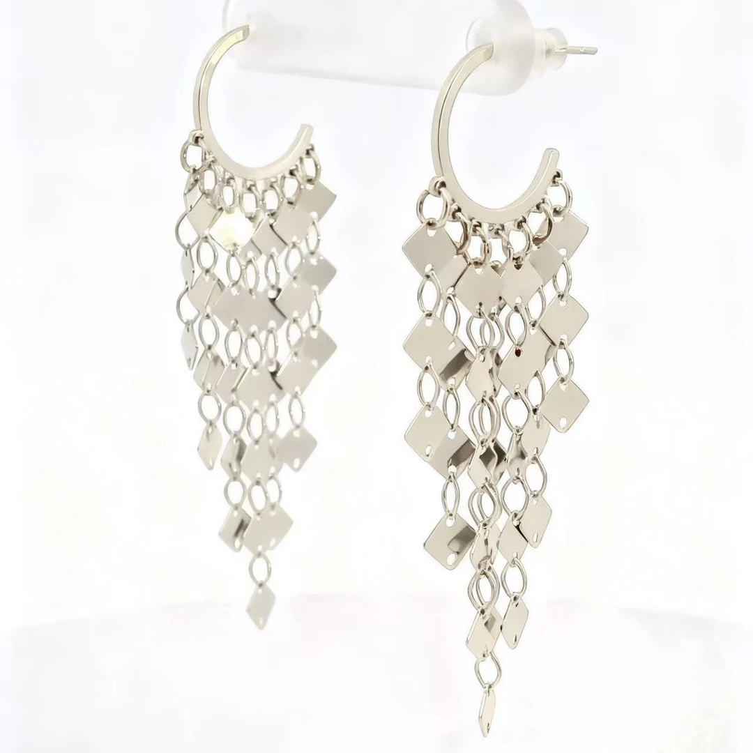 铜合金耳饰 a143艾鹿【女神亮片C圈流苏】气质菱形流苏耳环08019