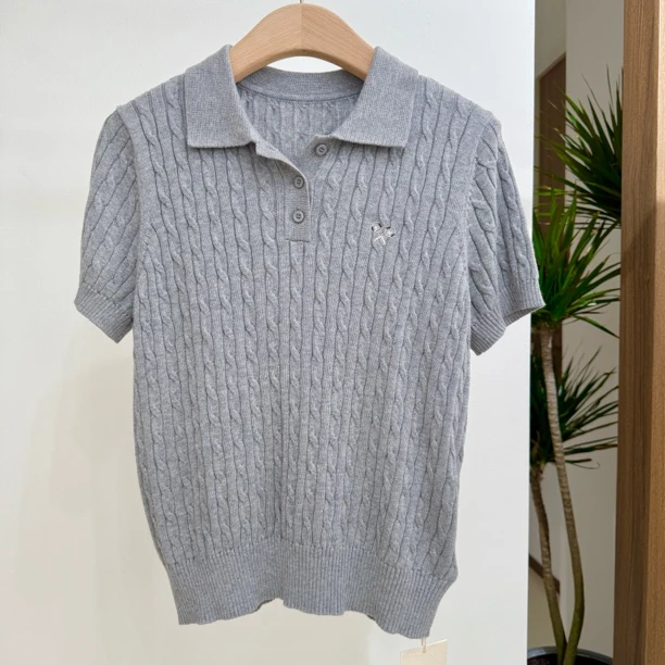 HEYI 针织麻花织法式polo秋季修身短袖