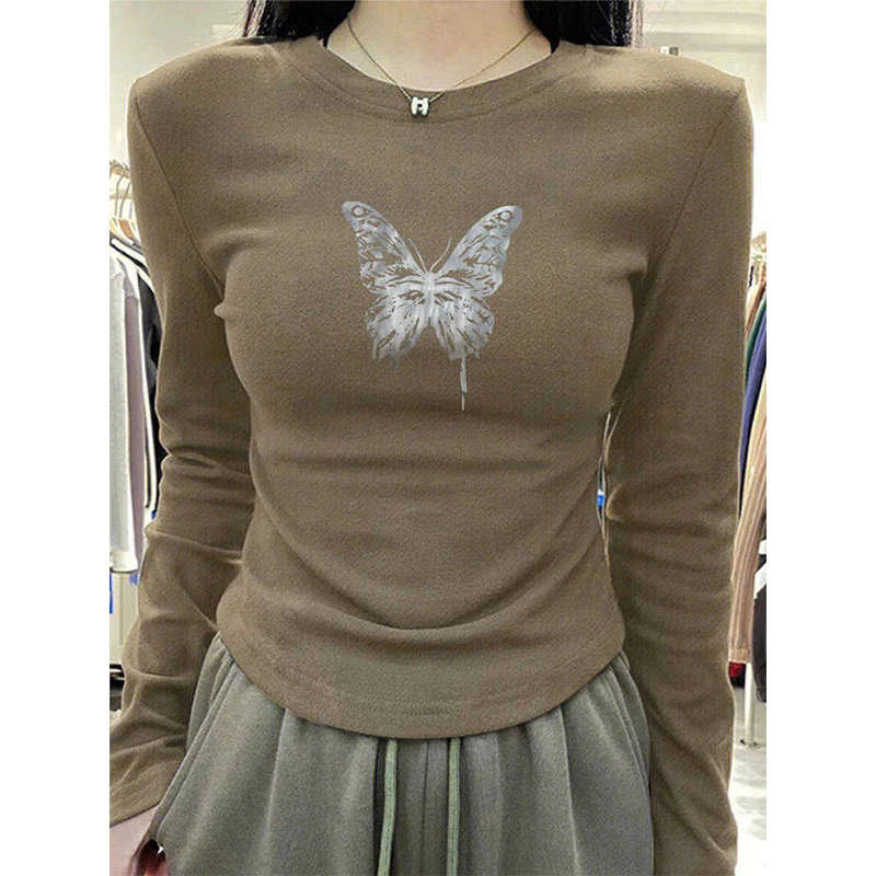高级感蝴蝶印花长袖T恤女秋冬季德绒加厚内搭修身显瘦打底衫上衣