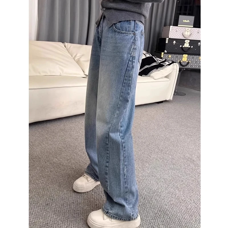 高腰牛仔裤女秋季新款大码宽松遮肉弯刀阔腿拖地长裤