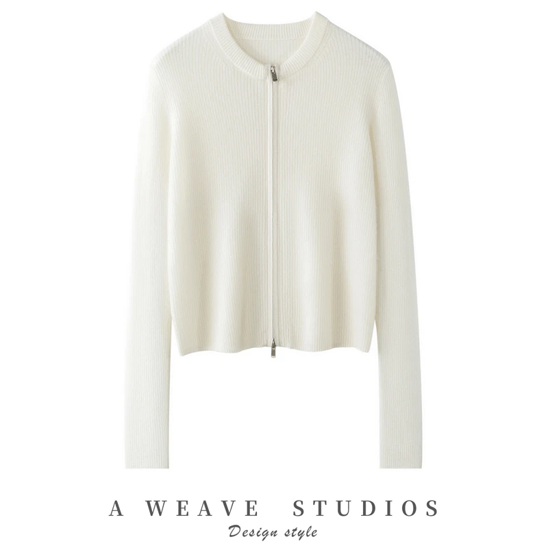 高颜值~初春山羊绒开衫女圆领双拉链坑条修身针织毛衣外套