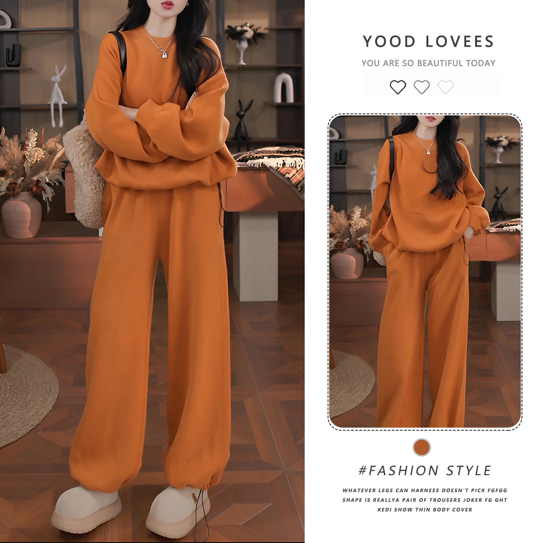 韩版简约卫衣阔腿裤两件套女2025冬季新款小个子气质炸街时尚套装