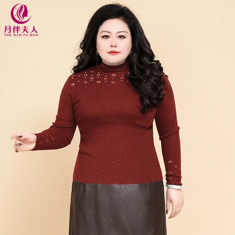 月伴夫人 2025秋冬新款大码设计感镂空烫钻修身针织衫上衣18007
