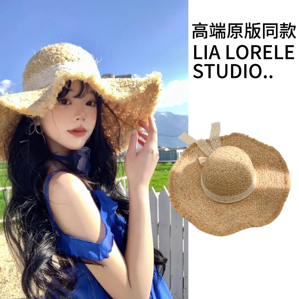 蕾丝蝴蝶结拉菲草帽女新款夏季海边沙滩度假草编太阳帽子遮阳帽子