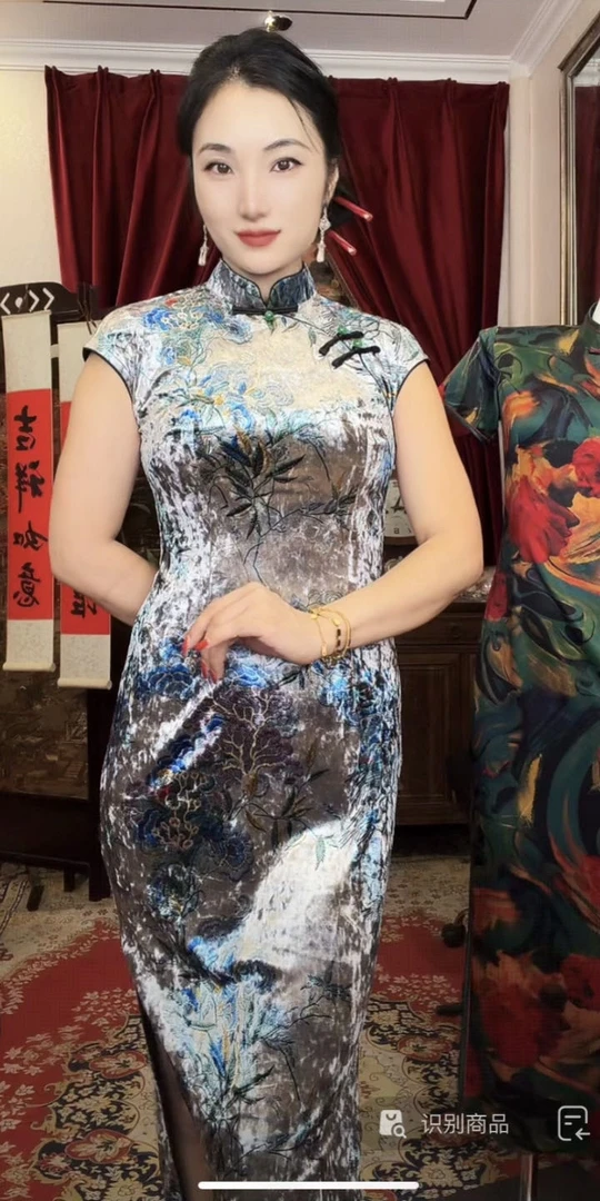 【蓝银】128左右衣长弹力款中国风旗袍ins日常印花中长裙单层时尚