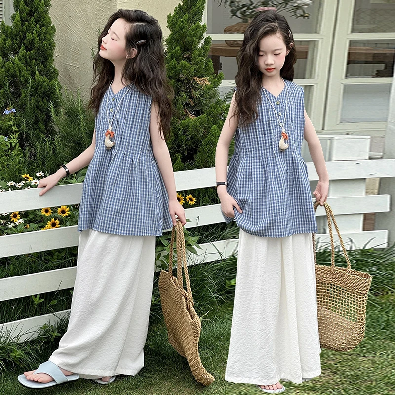 女童夏季两件套装小女孩百搭复古洋气时尚韩版上衣休闲裙裤套装