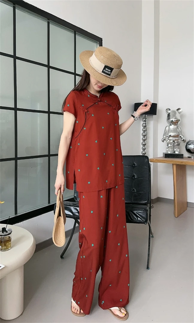 YH-[休闲百搭]2025夏季新中式时尚百搭棉绸套装GL-FC6269