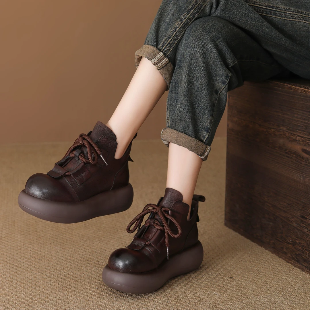 85191新款头层牛皮秋冬季复古英伦风格圆头系带时尚舒适百搭短靴