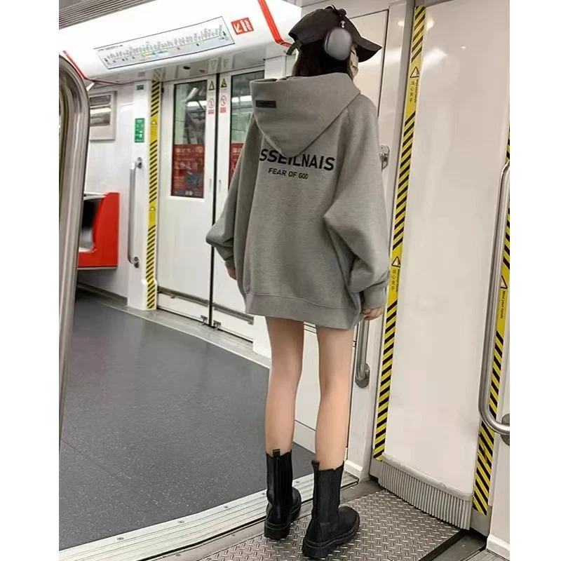 网红洋气炸街女装灰色连帽卫衣2025新款宽松慵懒春秋冬加绒遮屁股