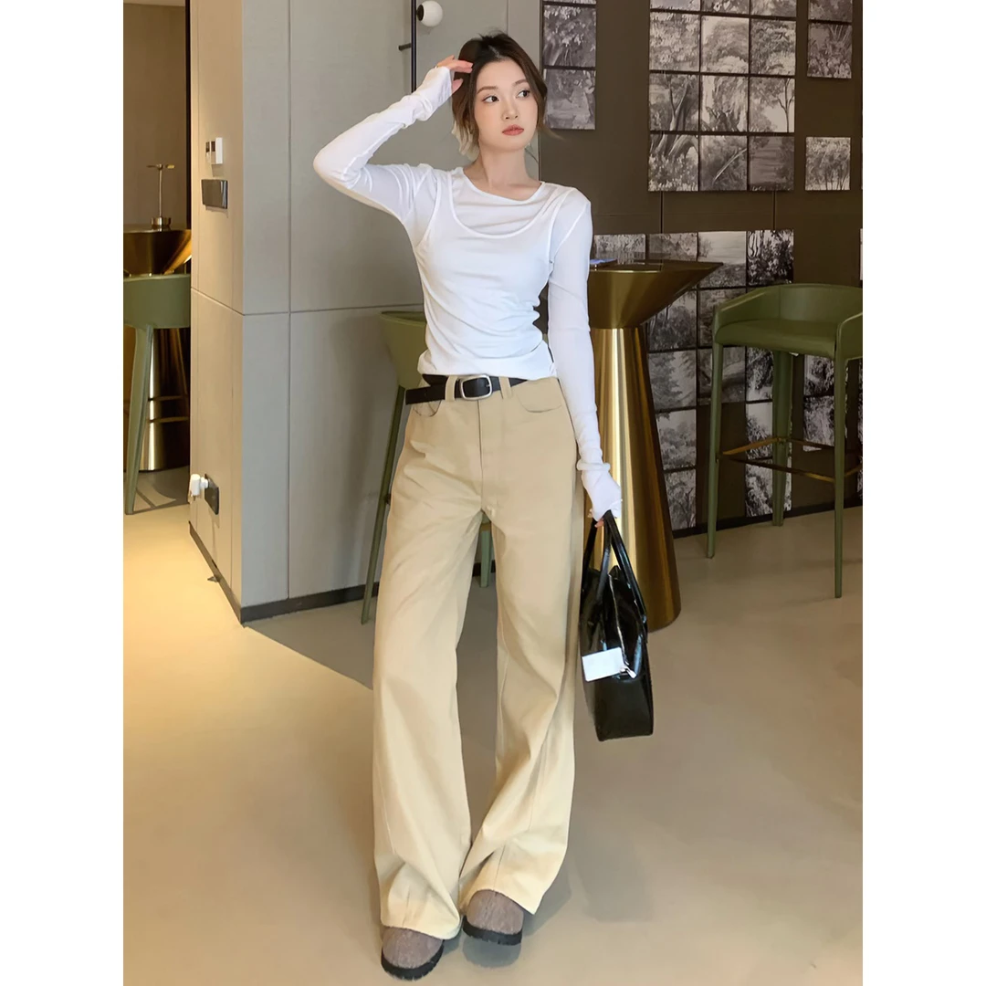 尔给早春垂感直筒阔腿裤女复古高腰显瘦百搭外穿宽松休闲拖地裤