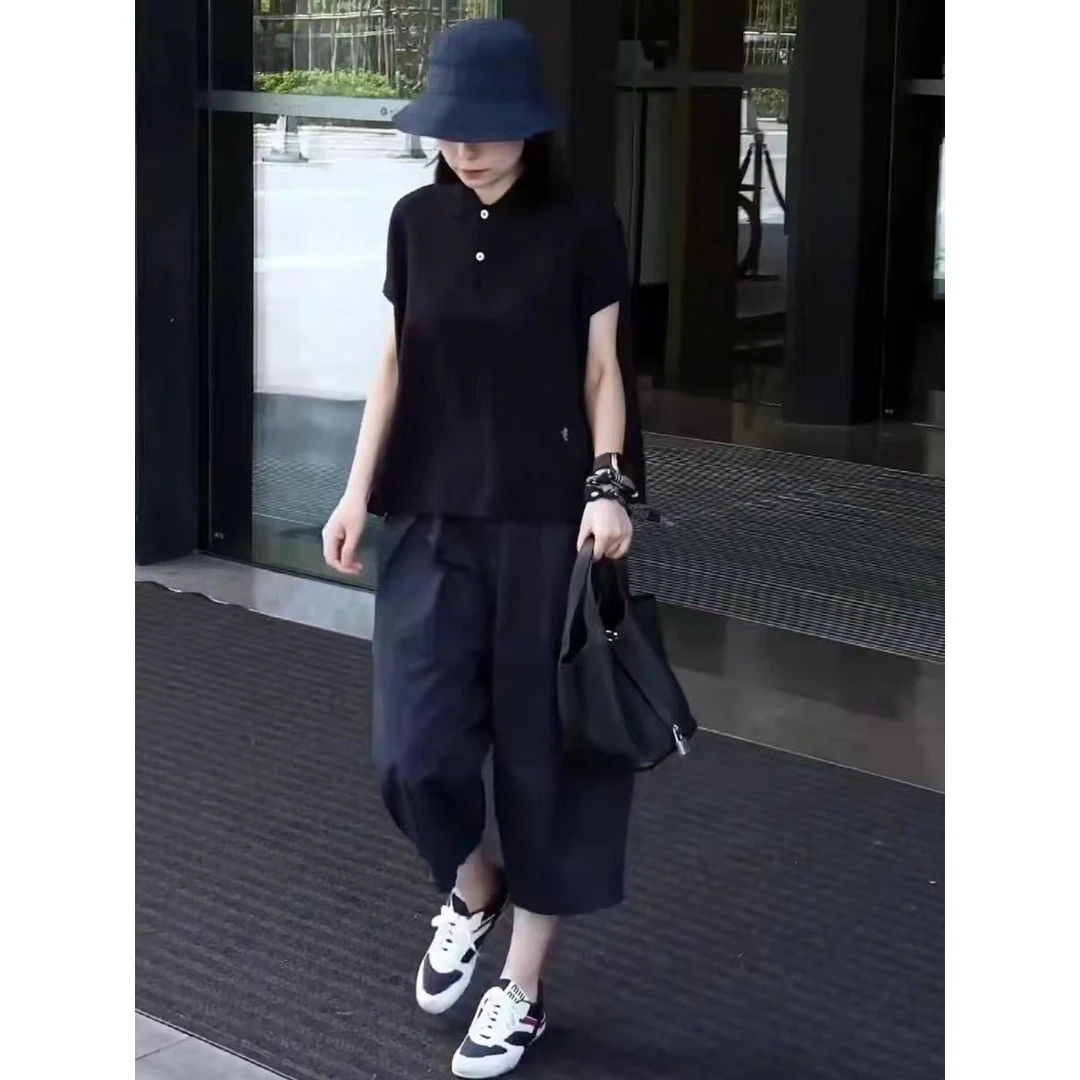 时尚休闲套装2025年夏季新款polo领宽松短袖休闲藏青女士阔腿裤